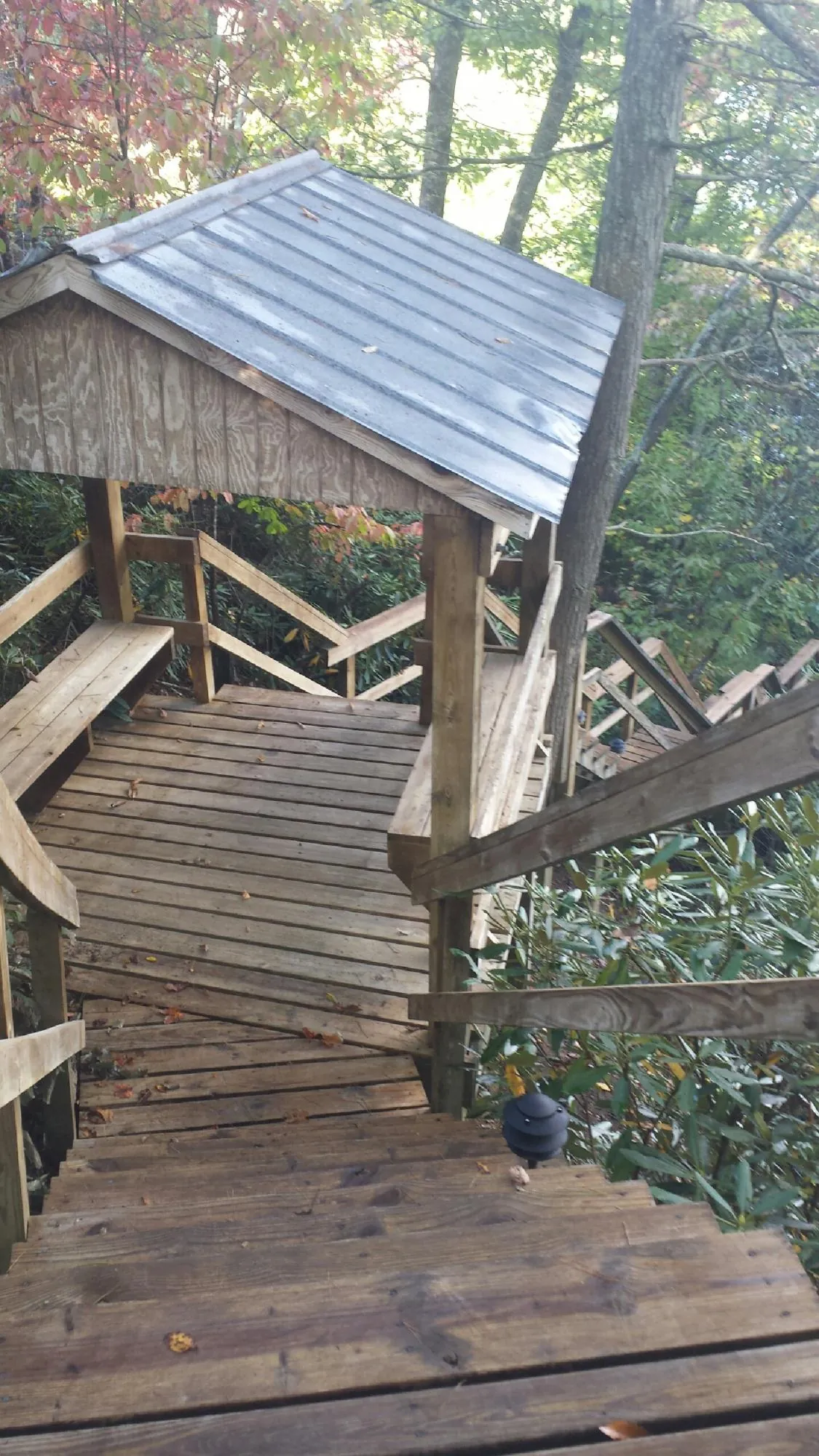 Metal roofed shelter over wooden steps on a wooded walkway — Skylight Repair & Installation work by our crew in Oakville